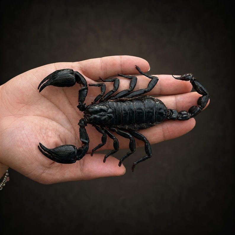 May include: A preserved black scorpion specimen featuring a segmented exoskeleton, two large pedipalp claws, eight jointed legs, and a curved tail ending in a stinger. The creature is displayed in a flat, outstretched position with a glossy finish.