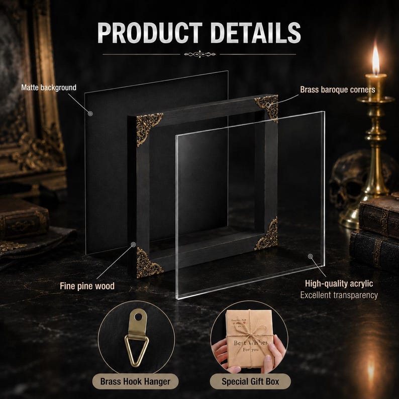 May include: A black shadow box frame with brass baroque corners, a matte background, and a clear acrylic front. The product includes a brass hook hanger and a gift box. Text labels identify the fine pine wood, acrylic, and brass components.