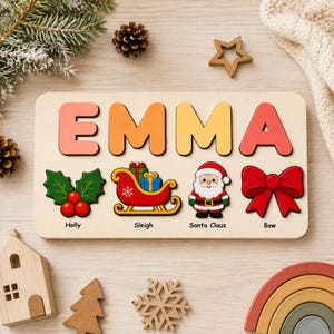 Rompecabezas navideño personalizado con nombre, rompecabezas de madera de Papá Noel con nombre, regalo para niños, decoración navideña para la habitación infantil, regalo de Navidad para niños pequeños, juguete Montessori navideño