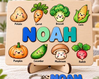 Personalized Vegetable Name Puzzle, Wooden Garden Puzzle for Kids, Healthy Food Learning Toy, Custom Toddler Gift, Montessori Nursery Toy