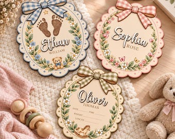 May include: Three scalloped oval wooden plaques featuring floral wreaths and bows. One displays the name Ethan William with baby footprints and a teddy bear. Another shows Sophia Rose with butterflies. The third features Oliver Thomas with a rocking horse.