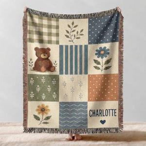 Personalized Baby Blanket with Cute Bear and Floral Patchwork Design, Soft & Cozy Newborn Gift, Toddler Nursery Decor