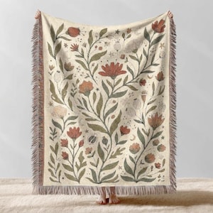 Botanical Woven Throw Blanket, Cottagecore Floral Wildflower Tapestry, Earth Tone Boho Bedding, Nature Inspired Garden Gift, Cotton Rug