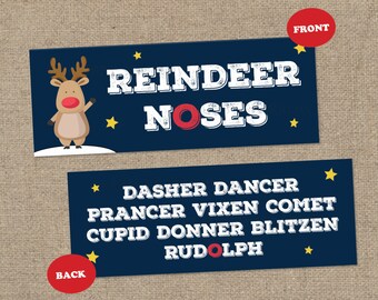 Può includere: Una carta di gioco di Natale stampabile blu e bianca con un'illustrazione di renna rossa e il testo "Reindeer Noses". Il retro della carta elenca i nomi delle renne di Babbo Natale: Dasher, Dancer, Prancer, Vixen, Comet, Cupid, Donner, Blitzen e Rudolph.