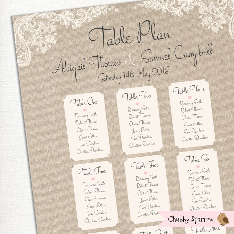 Rustic Lace and Linen DIGITAL FILE Romantic Classic Vintage Wedding Table Plan Seating Chart Printable