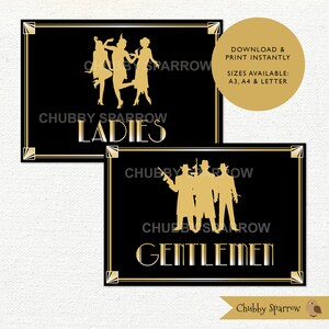 Art Deco stijl borden, Gatsby Dames Heren Badkamer Toiletten, Bruiloft Verjaardagsfeest Nieuwjaar, Roaring jaren 1920 Gangsters Flappers Afdrukbaar