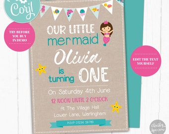 Mermaid Birthday Invitation, Girls Childrens Boys Kids Party Invitations, Splash Swimming Water Pool, Under The Sea, Corjl | Editable