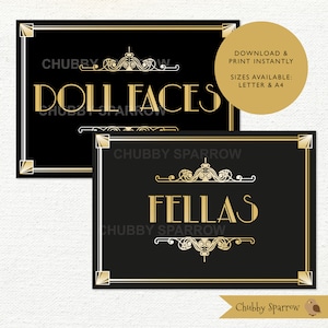 May include: Two printable signs with gold lettering on a black background. The top sign says "Doll Faces" and the bottom sign says "Fellas". Both signs have a decorative gold border and a gold flourish design.