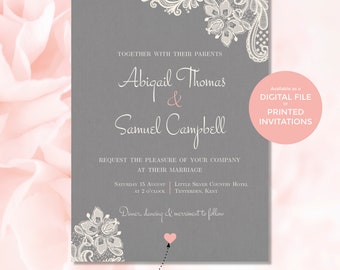 Grey Wedding Invitation, Day Invite Lace & linen, Engagement, Ceremony Classic, Elegant, Simple, Vintage Rustic, Romantic, Printable Digital