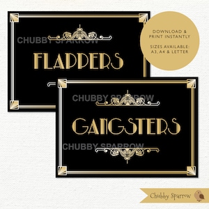 Art Deco stijl borden, Gatsby dames heren badkamer toiletten toiletten bruiloft verjaardagsfeestje Nieuwjaar, brullende jaren 1920 gangsters flappers print