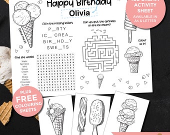 Hoja de actividades Tema de fiesta de helado de cumpleaños - Imprimible y personalizada con nombre/mensaje, Bolsa de fiesta de entretenimiento Hojas para colorear GRATIS