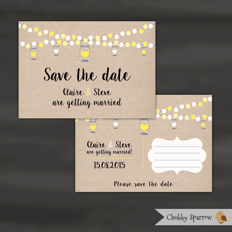 Wedding invitation Engagement Postcard Linen String of lights /& Mason Jars Save the date Save the Date