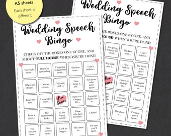 May include: A printable wedding speech bingo card with pink hearts. The card has a grid of squares with phrases like "The bride looks...", "Please be upstanding", "I'm going to keep this short...", "The best man...", "I can't believe...", "My wife and I...", "How lucky I am...", "For those who don't know", "Where do I begin...", "I am so proud...", "Enjoy the rest...", "I remember when...", "Here's to a happy life...", "A special thank you to...", "Those who have travelled...", "Cheers!", "Raise a glass...", "The bridesmaids look...", "To the happy couple", "The dress is...", "I'm sure you'll agree...", "The luckiest man...", "On a serious note...", "Look so happy...", "Free Space".