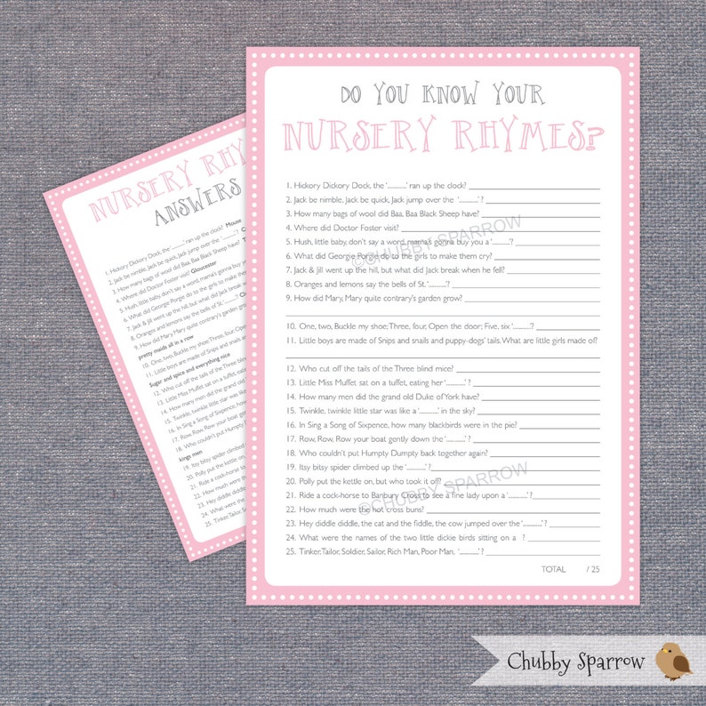 Baby Shower Nursery Rhyme Quiz Game With Answers Pink Grey Etsy