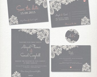 Wedding Invitation, Save the Date Postcard, RSVP and 2" label kit set, Grey Lace and Linen Printable, Vintage, Rustic and Romantic