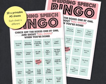 May include: A printable wedding speech bingo card with a pink and white design. The card has 25 squares with phrases like "The bride looks...", "I'm going to keep this short", "How lucky I am", "A special thank you to...", "The dress is...", and "I'm sure you'll agree".