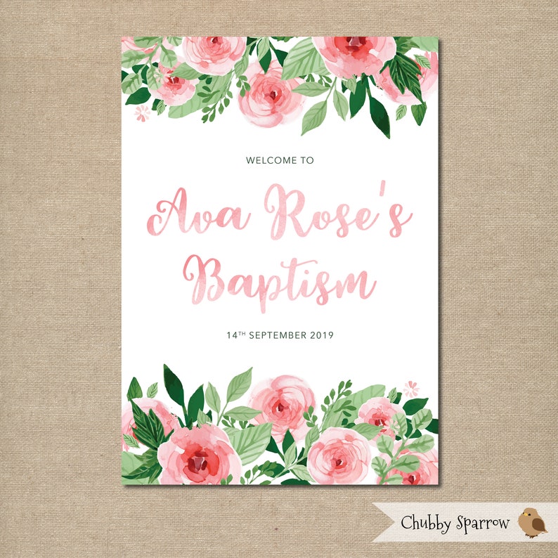 Baptism Christening Welcome Sign Custom Printable Rustic Pink Flowers Roses Classic Vintage Romantic DIGITAL FILE