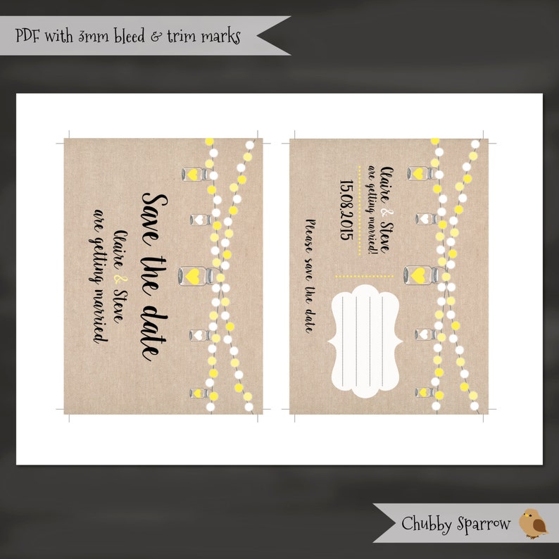 Wedding invitation Engagement Postcard Linen String of lights /& Mason Jars Save the date Save the Date