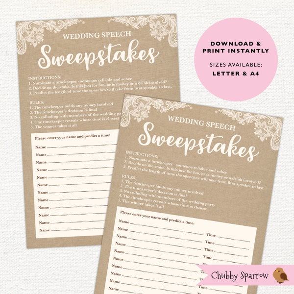 Wedding Speech Sweepstakes Game Entertainment Dinner Table Icebreaker Lace and Linen Printable
