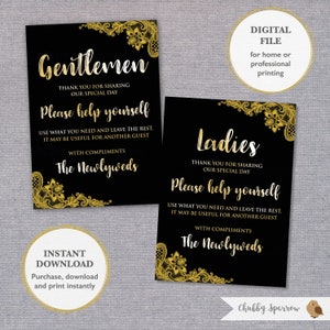 Placa de cesta de banheiro de casamento, 5x7", hospitalidade, cortesia para convidados, linho de renda preta dourada, kit de sobrevivência para cosméticos e banheiro DIGITAL