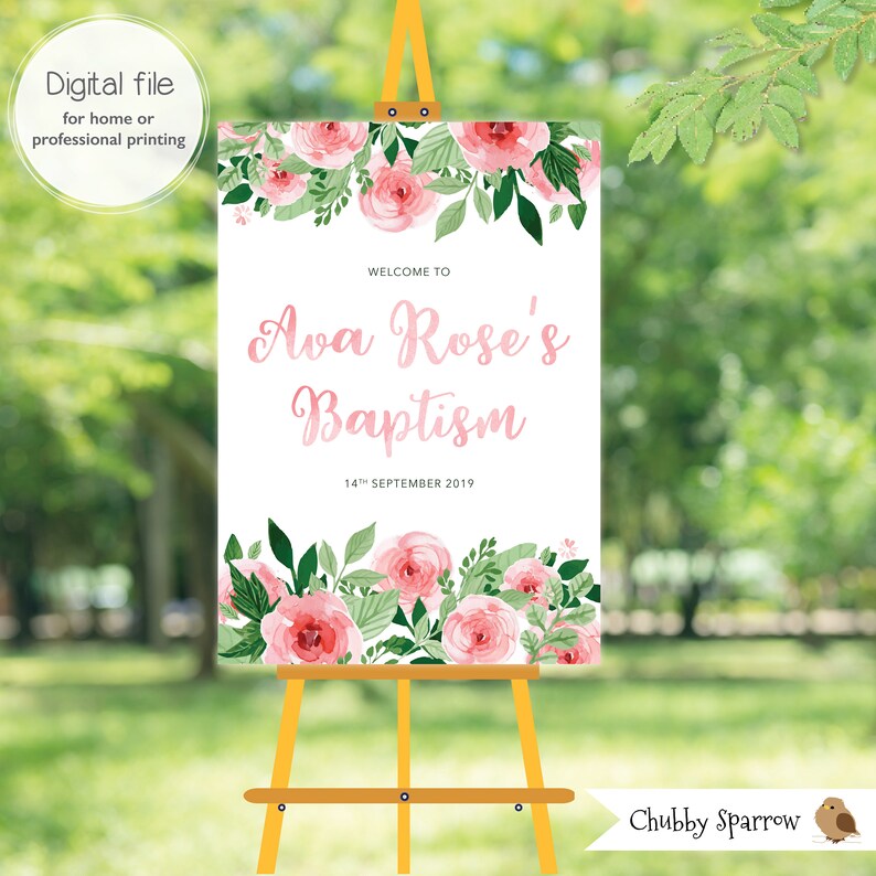 Baptism Christening Welcome Sign Custom Printable Rustic Pink Flowers Roses Classic Vintage Romantic DIGITAL FILE