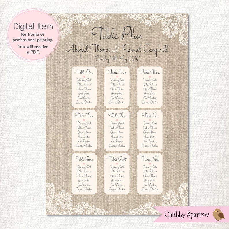 Rustic Lace and Linen DIGITAL FILE Romantic Classic Vintage Wedding Table Plan Seating Chart Printable