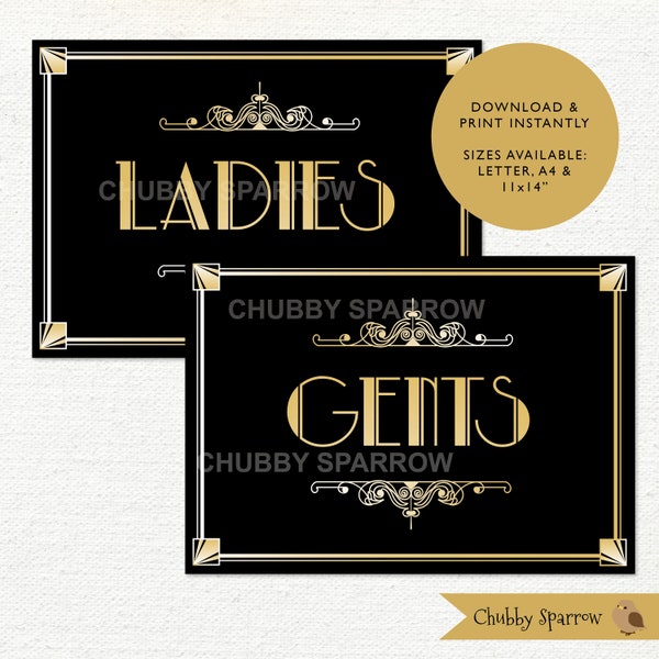 Gatsby Art Deco style signs, Ladies Gents Bathroom Toilets, Wedding Birthday Party New Year, Roaring 1920s Gangsters Flappers Printable