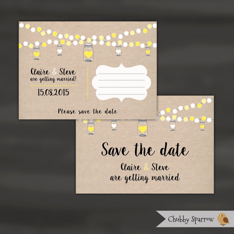 Wedding invitation Engagement Postcard Linen String of lights /& Mason Jars Save the date Save the Date
