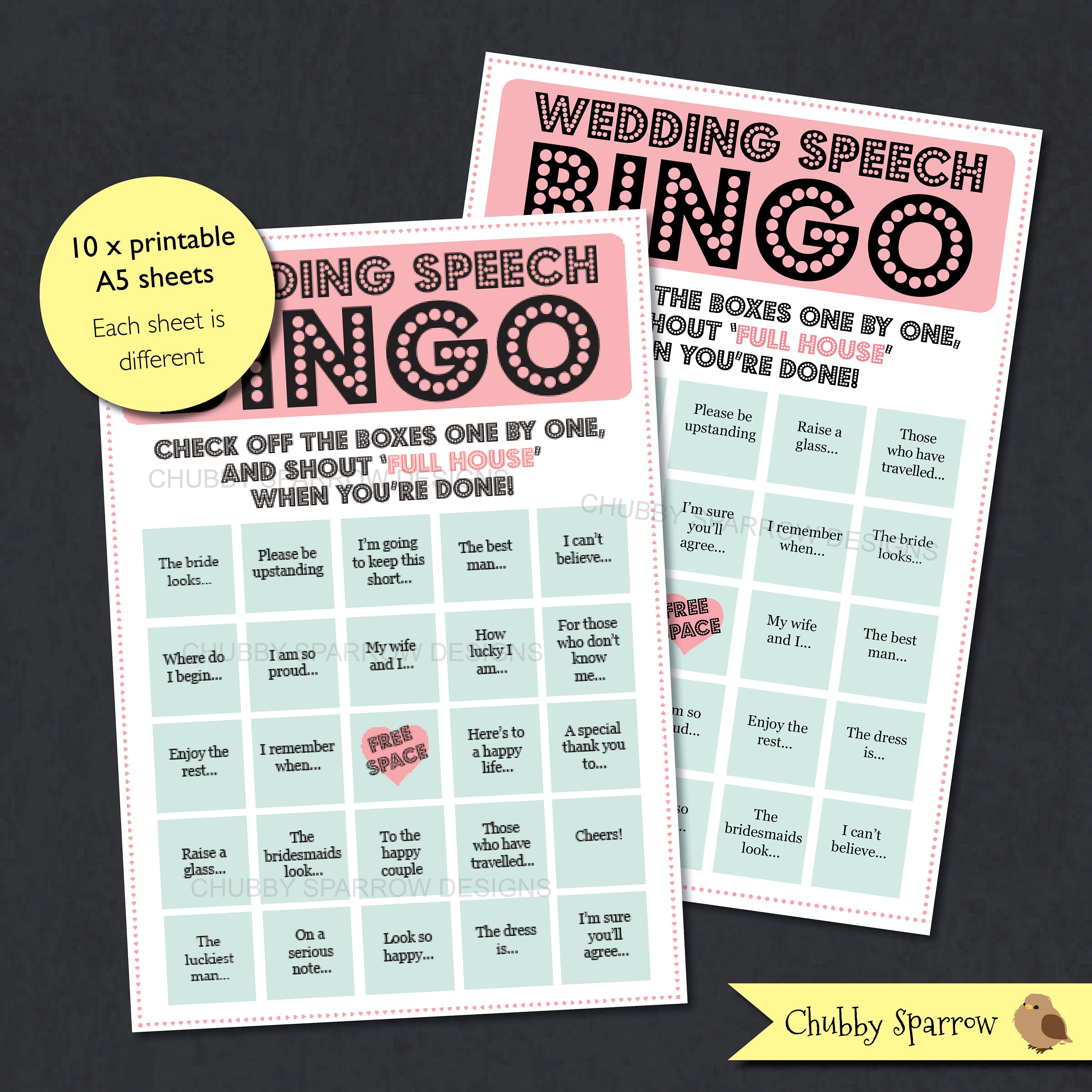 10 X Wedding Speech Bingo Game Printable Sheets Best Man - Etsy