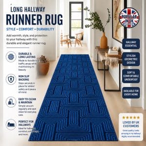 May include: A long rectangular runner rug featuring a deep blue colour with a repeating geometric pattern of interconnected lines. The rug is displayed in a hallway setting, showcasing its length and design intended for high-traffic floor areas.