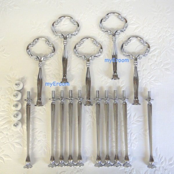 HEAVY 5 x Cake Stand Handle 3 Tier Silver Clover Centre Fitting / Hardware High Tea