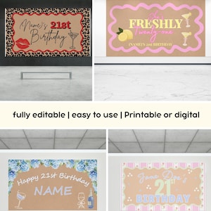 Peut inclure: Plusieurs mod&egrave;les d'anniversaire personnalisables. Les designs incluent une bordure l&eacute;opard, un design rose et jaune avec des citrons, un design floral bleu et un design pastel. Le texte comprend "Pinch Me Birthday Template", "21st Birthday", et "Customize in Canva".