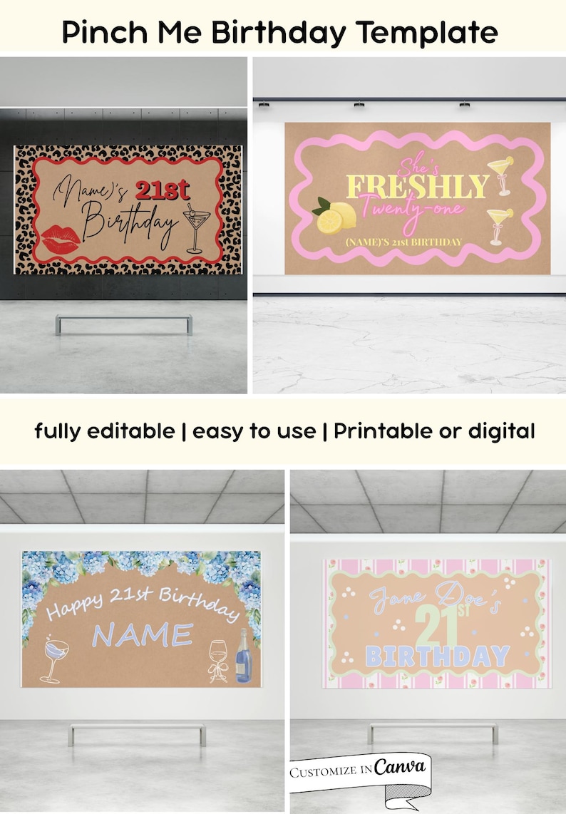 Peut inclure: Plusieurs mod&egrave;les d'anniversaire personnalisables. Les designs incluent une bordure l&eacute;opard, un design rose et jaune avec des citrons, un design floral bleu et un design pastel. Le texte comprend "Pinch Me Birthday Template", "21st Birthday", et "Customize in Canva".