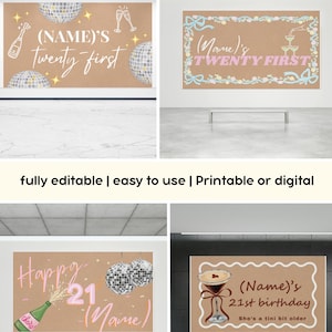 Peut inclure: Plusieurs mod&egrave;les d'anniversaire personnalisables sur fond marron. Les designs incluent du texte tel que "Twenty First" et "21st birthday", ainsi que des illustrations de bouteilles de champagne, boules disco et fl&ucirc;tes. Le texte "Customize in Canva" est &eacute;galement visible.