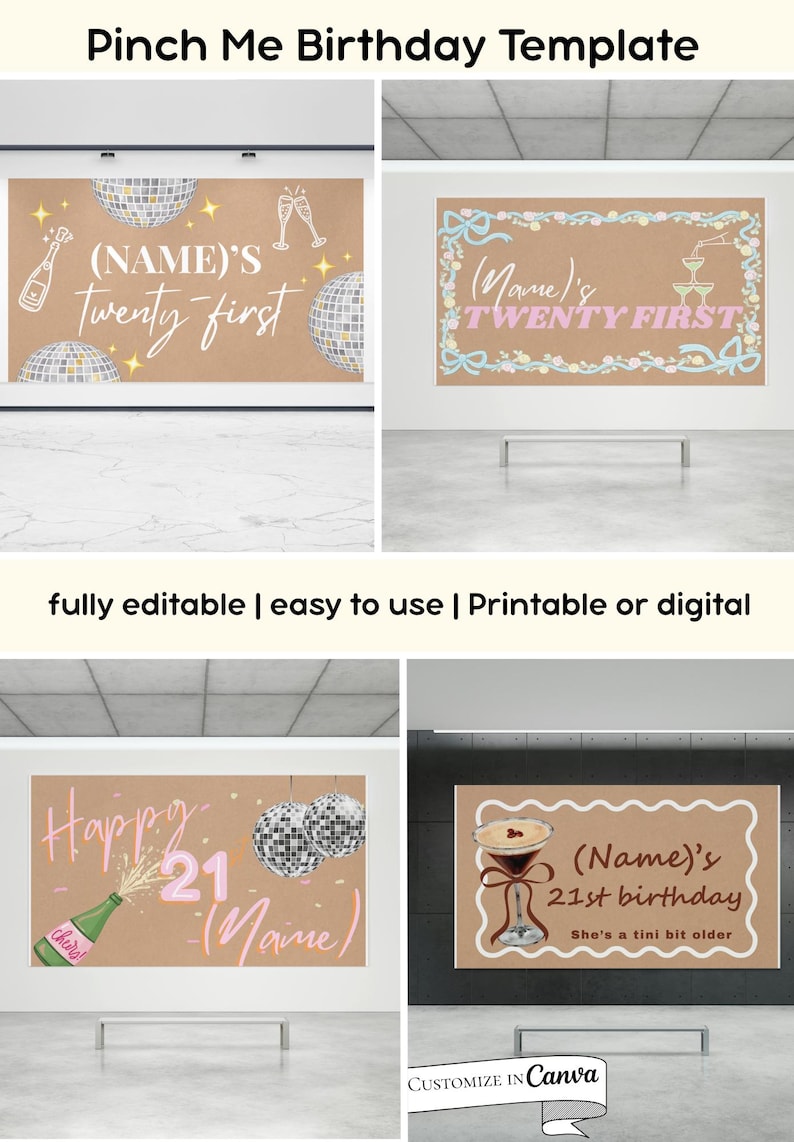 Peut inclure: Plusieurs mod&egrave;les d'anniversaire personnalisables sur fond marron. Les designs incluent du texte tel que "Twenty First" et "21st birthday", ainsi que des illustrations de bouteilles de champagne, boules disco et fl&ucirc;tes. Le texte "Customize in Canva" est &eacute;galement visible.