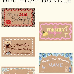 Peut inclure: Ensemble de banni&egrave;res pour le 21e anniversaire avec divers designs. Les banni&egrave;res pr&eacute;sentent du texte tel que "21st Birthday", "Freshly Twenty-one" et "Happy 21st Birthday". Certaines banni&egrave;res incluent des illustrations de cocktails et des accents floraux. La palette de couleurs comprend le rose, le marron et le bleu.