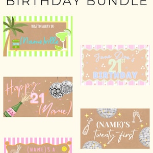 Peut inclure: Ensemble de banni&egrave;res d'anniversaire sur le th&egrave;me de la f&ecirc;te. Les banni&egrave;res pr&eacute;sentent des illustrations de cocktails, de boules disco et de palmiers. Le texte comprend "21st Banner Birthday Bundle", "Wastin Away In Nameville", et "Happy 21".