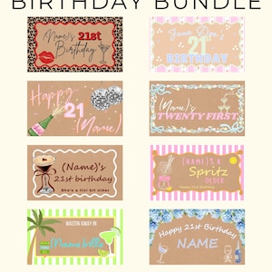 Peut inclure: Ensemble de banni&egrave;res pour le 21e anniversaire avec divers designs. Les banni&egrave;res pr&eacute;sentent des textes tels que "Joyeux 21e anniversaire" et "Twenty First", ainsi que des illustrations de cocktails, de champagne et de boules disco. La palette de couleurs comprend le rose, le marron et le vert.