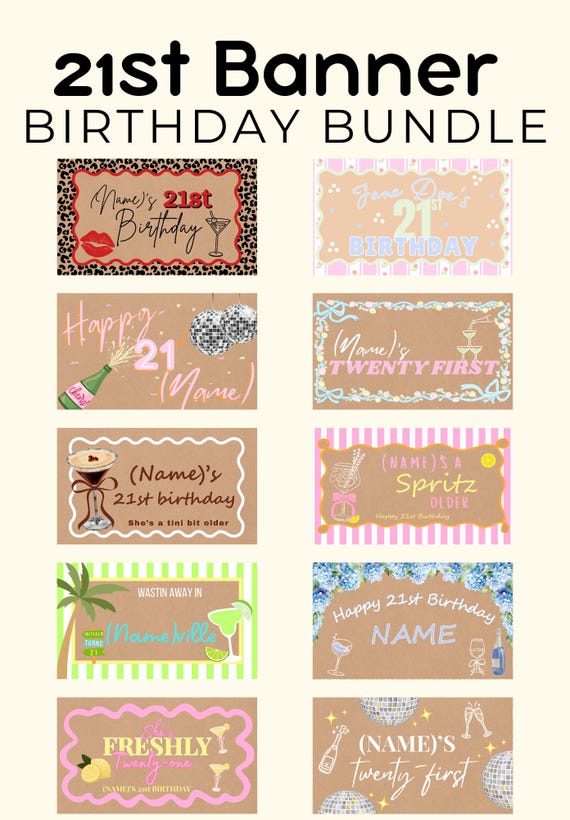 21st Birthday Banner Template | Coquette, Disco, Tropical Designs (Canva Editable, Digital Download)