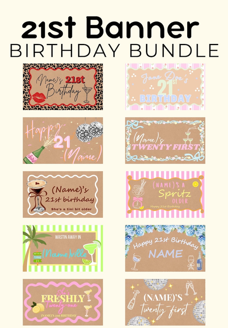 Peut inclure: Ensemble de banni&egrave;res pour le 21e anniversaire avec divers designs. Les banni&egrave;res pr&eacute;sentent des textes tels que "Joyeux 21e anniversaire" et "Twenty First", ainsi que des illustrations de cocktails, de champagne et de boules disco. La palette de couleurs comprend le rose, le marron et le vert.