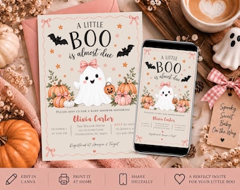 May include: A baby shower invitation card and a smartphone displaying the same design. The design features a ghost with a pink bow, pumpkins, bats, and stars on a beige background with the text A LITTLE BOO is almost due and Olivia Carter.