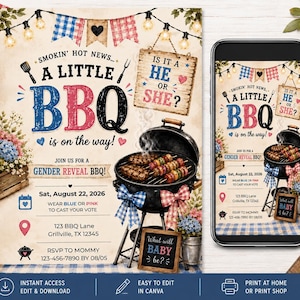 May include: A gender reveal party invitation template featuring a charcoal grill with food, string lights, and checkered bunting. The text reads: Smokin' hot news... A little BBQ is on the way! Is it a he or she? Join us for a gender reveal BBQ.