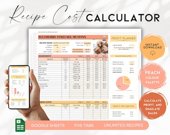 May include: A recipe cost calculator with the title "Recipe Cost Calculator" in a handwritten font. The calculator includes a "Blueberry Streusel Muffins" recipe, a profit planner, and a sales simulator. The image also includes the text "Instant Download", "Peach Colour Palette", and "Calculate Profit, and Simulate Sales".