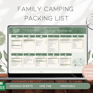 Familien Camping Packliste | Google Sheets Vorlage, druckbare Camping Packliste | Familienplaner, Abenteuer Packliste BS007