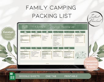 Inpaklijst gezinscamping | Google Spreadsheets-sjabloon, afdrukbare campingpaklijst | Sjabloon gezinsplanner, paklijst avontuur BS007
