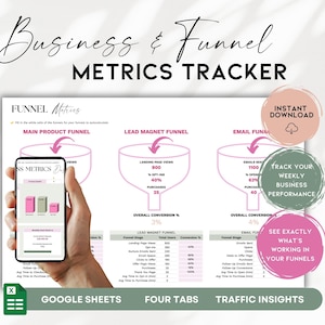 May include: A digital marketing metrics tracker with the text "Business & Funnel METRICS TRACKER". The image shows funnel diagrams and data tables. The words "Google Sheets", "Four Tabs", and "Traffic Insights" are also visible.