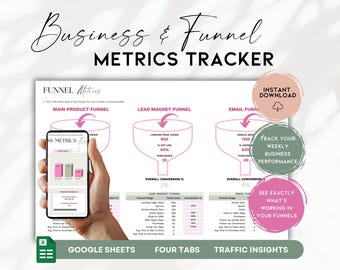 May include: A digital marketing metrics tracker with the text "Business & Funnel METRICS TRACKER". The image shows funnel diagrams and data tables. The words "Google Sheets", "Four Tabs", and "Traffic Insights" are also visible.