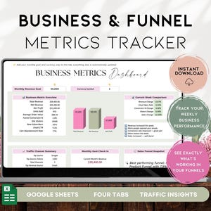 May include: A digital business metrics tracker displayed on a laptop screen. The dashboard includes sections for revenue, weekly comparisons, and traffic insights. The text includes "Business & Funnel Metrics Tracker" and "Instant Download."