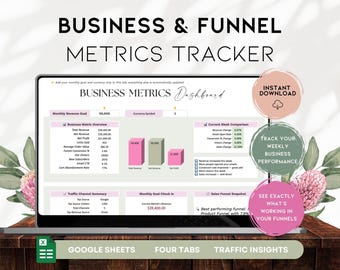 May include: A digital business metrics tracker displayed on a laptop screen. The dashboard includes sections for revenue, weekly comparisons, and traffic insights. The text includes "Business & Funnel Metrics Tracker" and "Instant Download."
