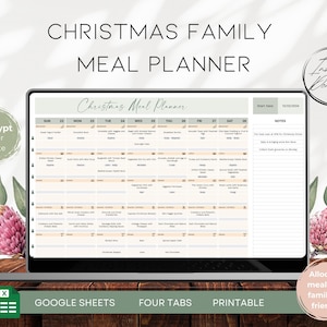 Op de afbeelding: Een printbare kerstmenu-planner in een digitaal formaat op een laptopscherm. De planner is ontworpen met een groen-wit kleurenschema en bevat een wekelijks menu voor de kerstperiode. De planner is gelabeld "Christmas Meal Planner" en bevat de tekst "Google Sheets", "Four Tabs" en "Printable".